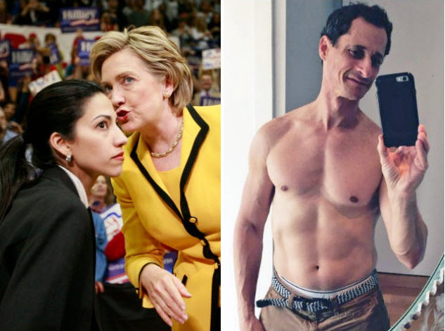Balról: Huma Abedin és Hillary Clinton. Jobbról: Abedin külön élő férje, Anthony Weiner volt képviselő szextelés közben. (Fotó: Breitbart)
