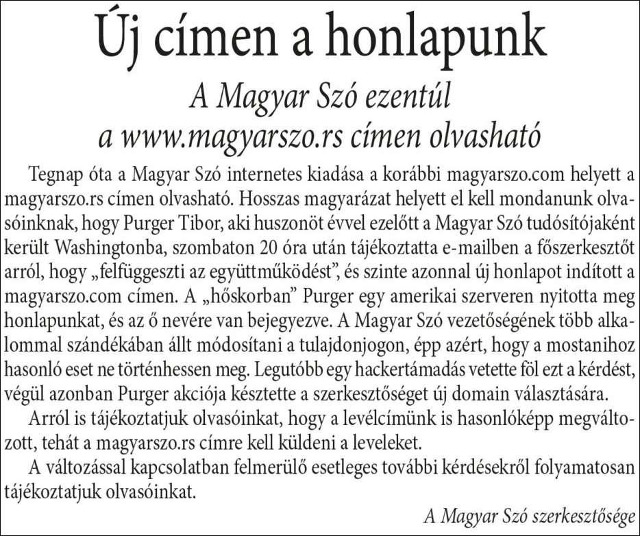 A Magyar Szó közleménye a lap 2016. október 24-i számának nyomtatott címlapján