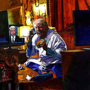 Trump bezárkózik hálószobájába (Melania külön alszik), noha a titkosszolgálat nem engedi azt kulcsra zárni, McDonaldsot rendel, mert mérgezéstől fél, és naphosszat három tévéjét nézi (Illusztráció: Jeffrey Smith, New York Magazine)