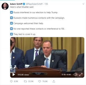 Adam Schiff hírszerzésügyi bizottsági elnök a Twitteren is közzétette, mi mindent erősített meg Robert Mueller a meghallgatáson