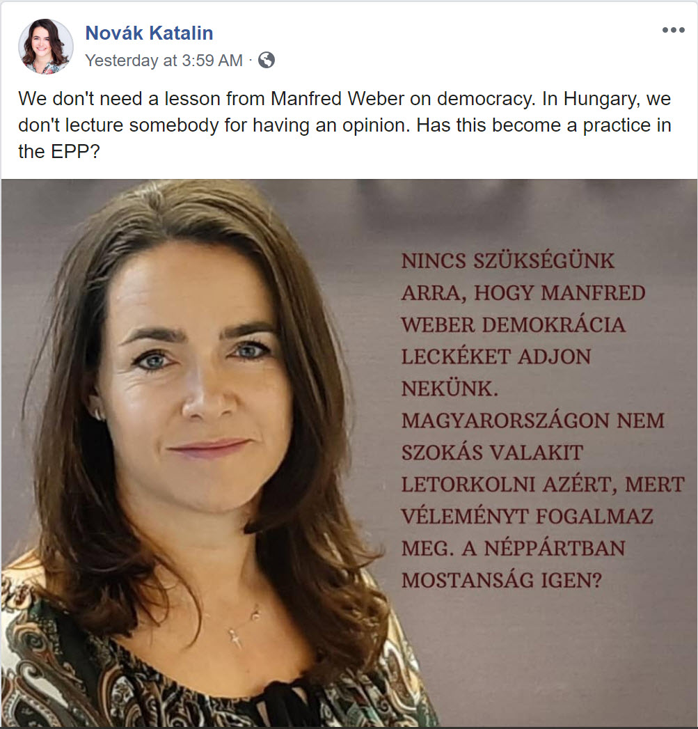 Novák Katalin Fidesz-alelnök Facebook-bejegyzése, 2020. január 15.